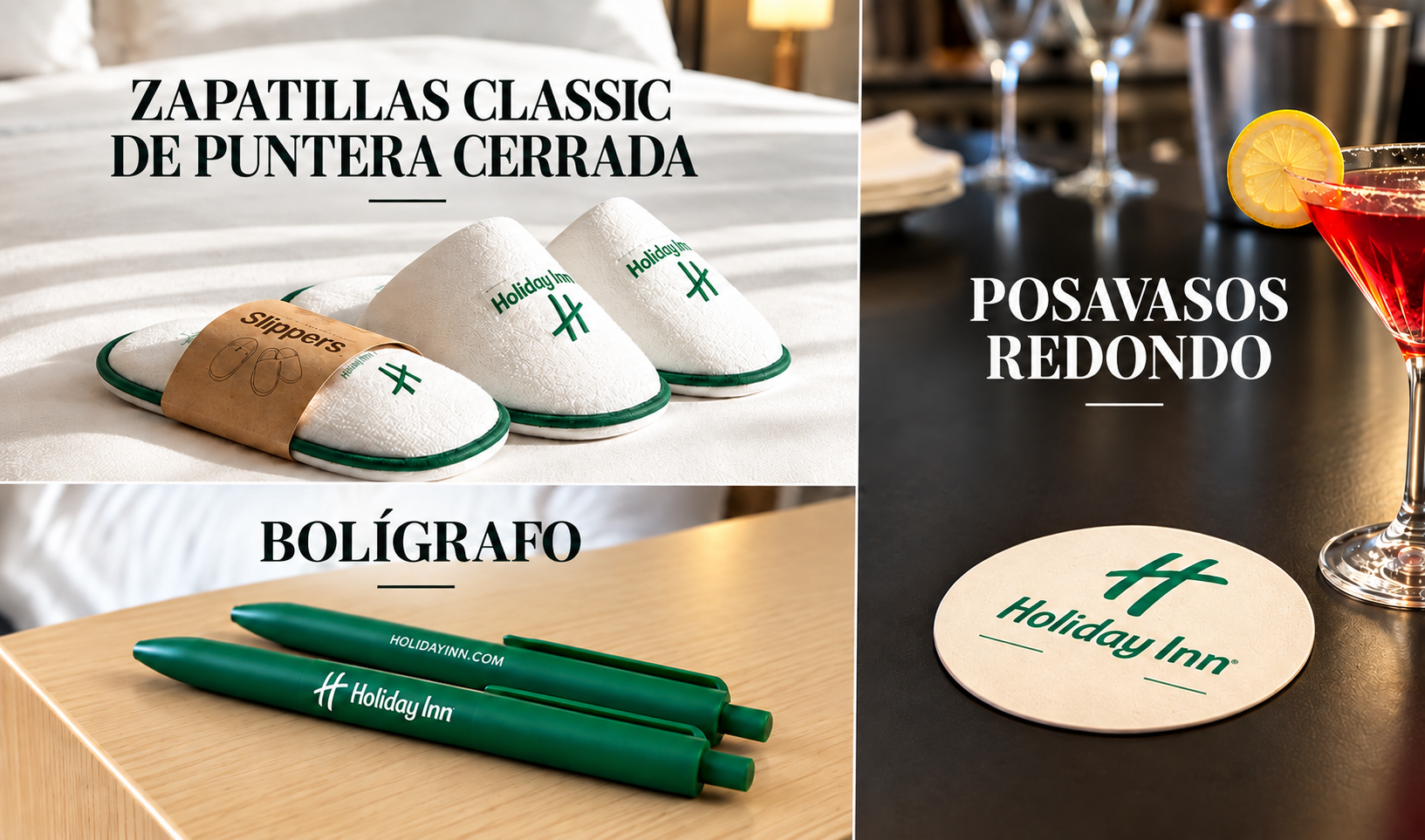 Zapatillas Classic de puntera cerrada, bolígrafo y posavasos redondo Holiday Inn.